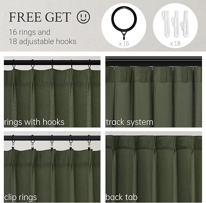 Topfinel Olive Green Pinch Pleated Linen Curtains 100 Inch Length 2 Panels - Image 2