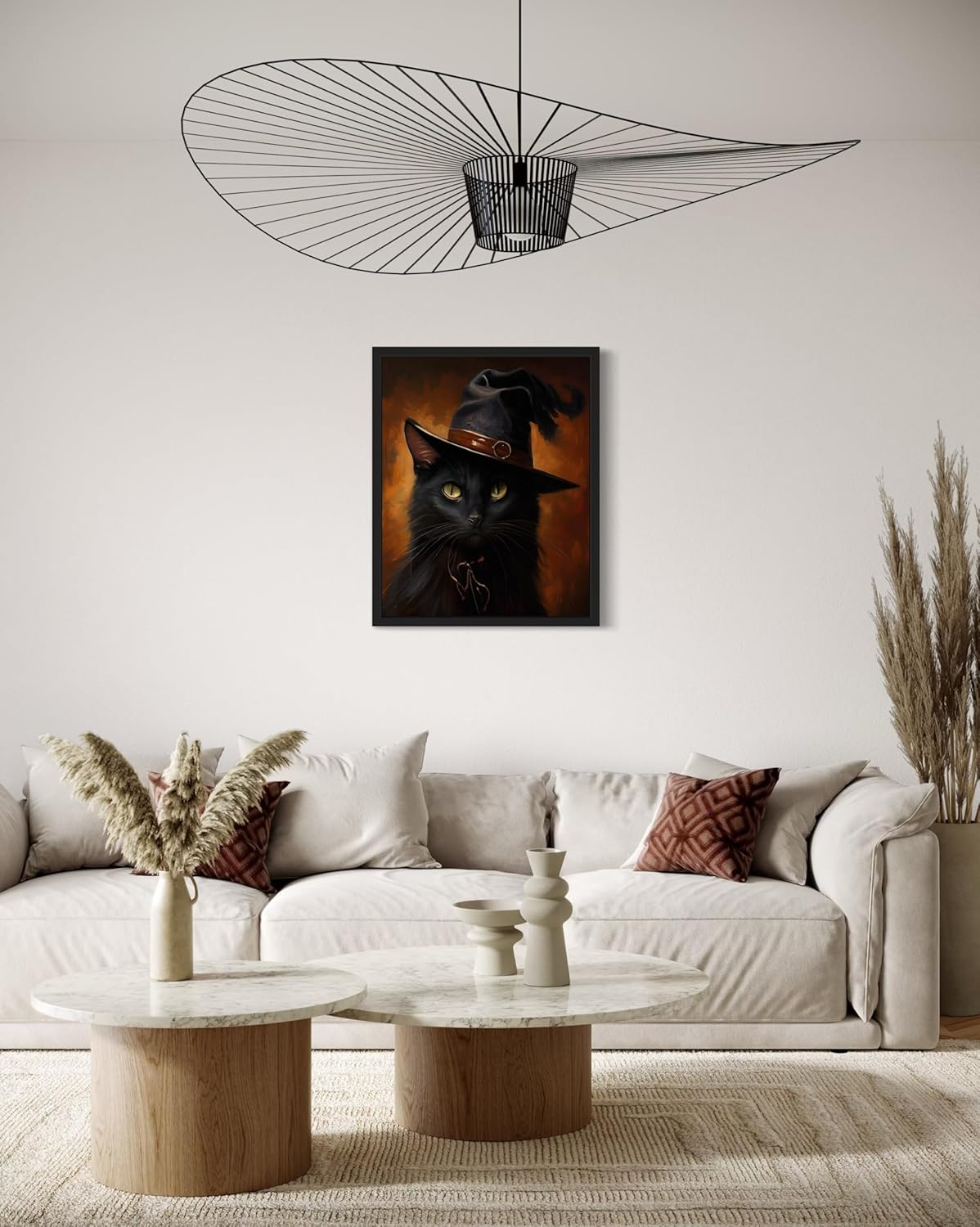 Witch Cat Poster Art Print, Halloween Scary Vintage Wall Art Academia Spooky Painting Decoration for Horror Prints, Gothic Posters Bedroom Decor 89 (Witch Cat, 16 x 20 inches, Black Frame)