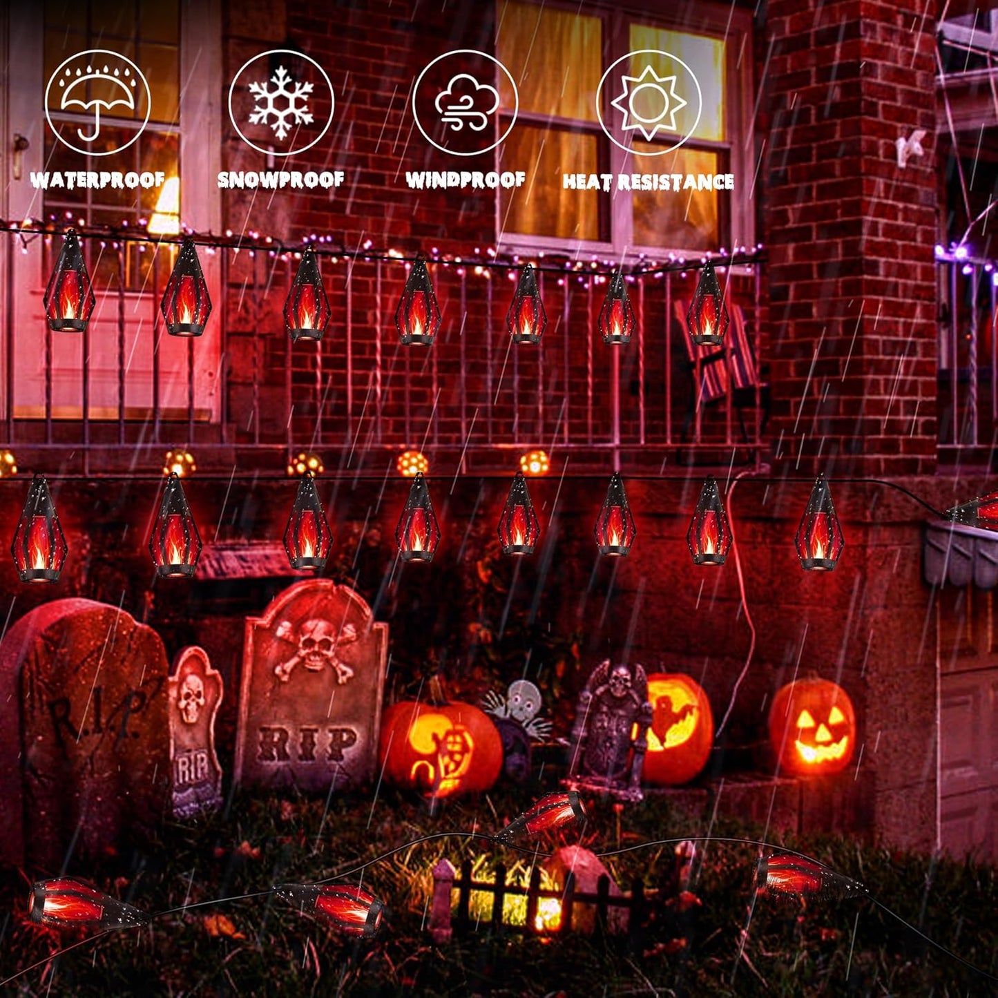 iBaycon Solar Halloween Lights, 27Ft 10 LED Bulbs Flickering Flame String Light, Outdoor Waterproof Solar Flame Lights for Garden Yard Patio Halloween Decorations (Red)