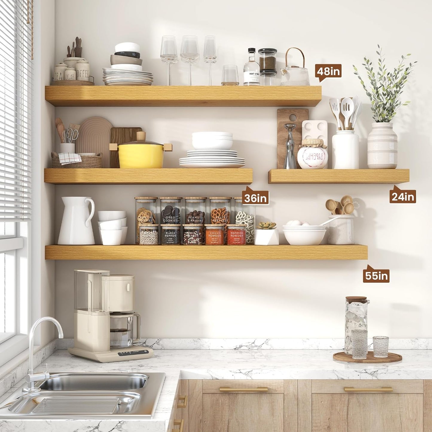 Heimlove 48" Floating Shelves for Wall,10 Deep Rustic Wood Storage Wall Shelves with Heavy Duty Brackets for Bathroom,Bedroom,Kitchen,Living Room,Office,Oak Color