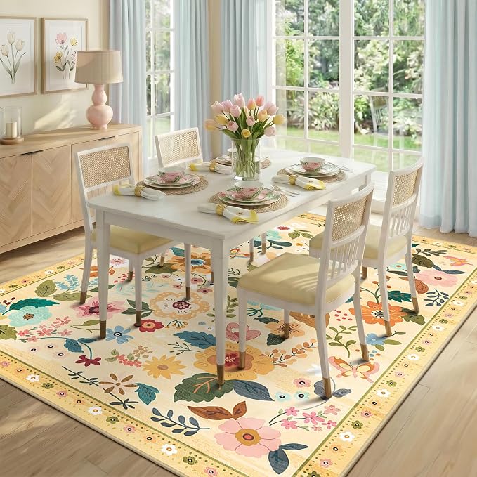 RELEANY Floral Washable 5x7 Area Rugs Ivory/Yellow | Flower Carpet Print Boho - Image 6