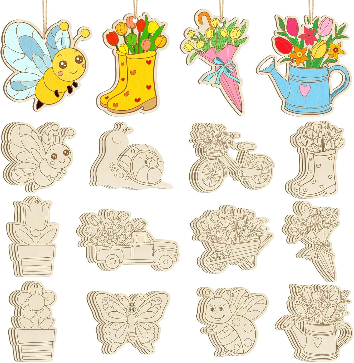 36 PCS Wooden Spring Ornaments to Paint, 12 Styles DIY Blank Unfinished Wood Flower Cutouts Butterfly Ornament for Crafts Hanging Decorations, Cute Bee Flower Shape Home Decorations Gifts