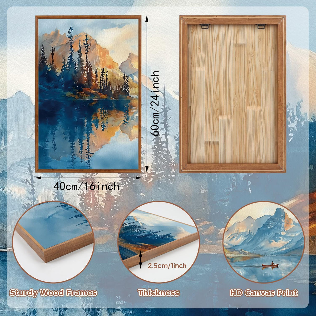KAIRNE Framed Large Landscape Wall Art,Abstract Forest Prints Paintings,Watercolor Blue Mountain Lake Canvas,Nature Scenery Textured Artwork for Living Room Bedroom Home Office Gallery Decor,16”X24”