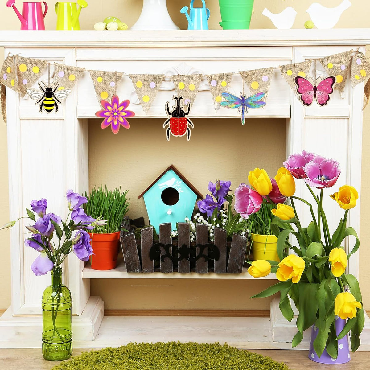 36PCS Wooden Spring Ornaments to Paint, 6 Styles DIY Blank Unfinished Wood Flower Cutouts Butterfly Ornament for Crafts Hanging Decorations, Cute Bee Flower Shape Home Decorations Gifts