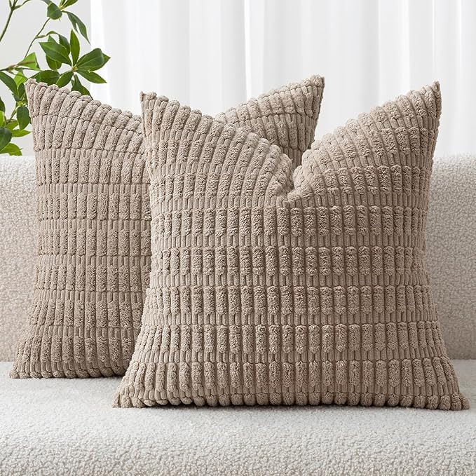 MIULEE Corduroy Decorative Throw Pillow Covers 18x18 Light Brown Pack of 2 | by MIULEE