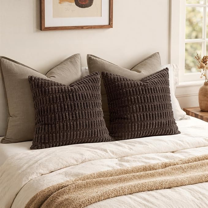 MIULEE Euro Sham Corduroy Decorative Throw Pillow Covers 24x24 Dark Brown | - Image 2