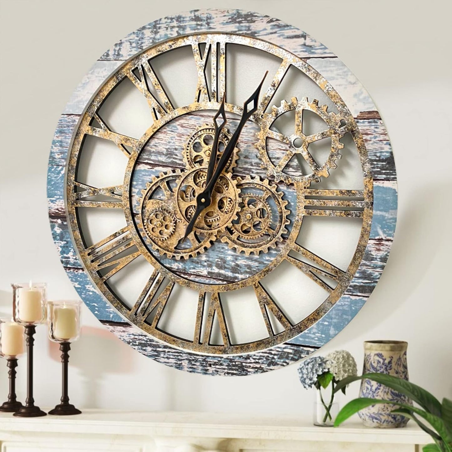The Original Real Moving Gear Wall Clock Vintage Industrial Oversized Rustic Farmhouse (24 inch (60cm), Vintage Aqua Green and Bronze)