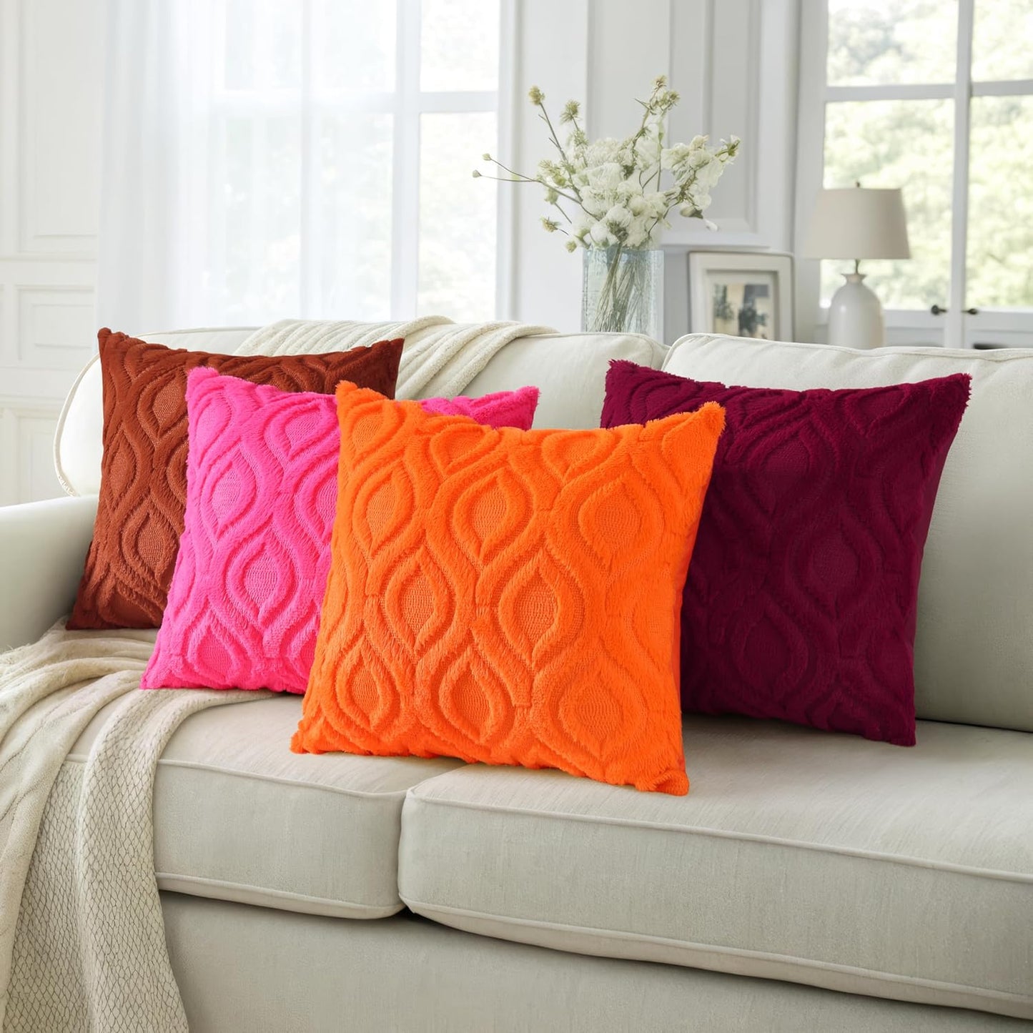 decorUhome Fall Throw Pillow Covers 26x26 Inch Set of 2, Soft Plush Decorative Faux Fur Hot Pink Solid Couch Pillow Covers, Accent Farmhouse Neutral Square Euro Pillow Cases for Sofa Bed Living Room