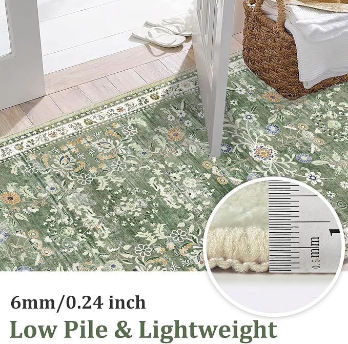 Yamaziot 2x4 Washable Hallway Runner Rug Non Slip Floral Carpet, Sage Green | - Image 3