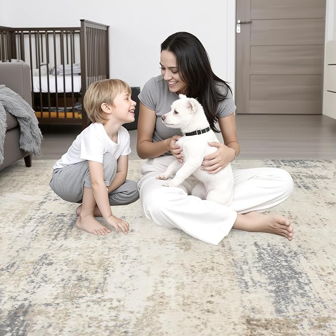 2.6x14 Washable Runner Rug:Modern Abstract Soft Carpet Beige Brown | - Image 10