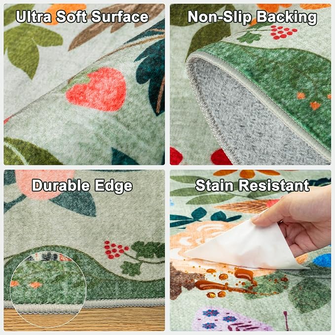 PLHXFR 2.6x10 Washable Runner Rug：Floral Indoor Kitchen Soft Carpet Green | - Image 7