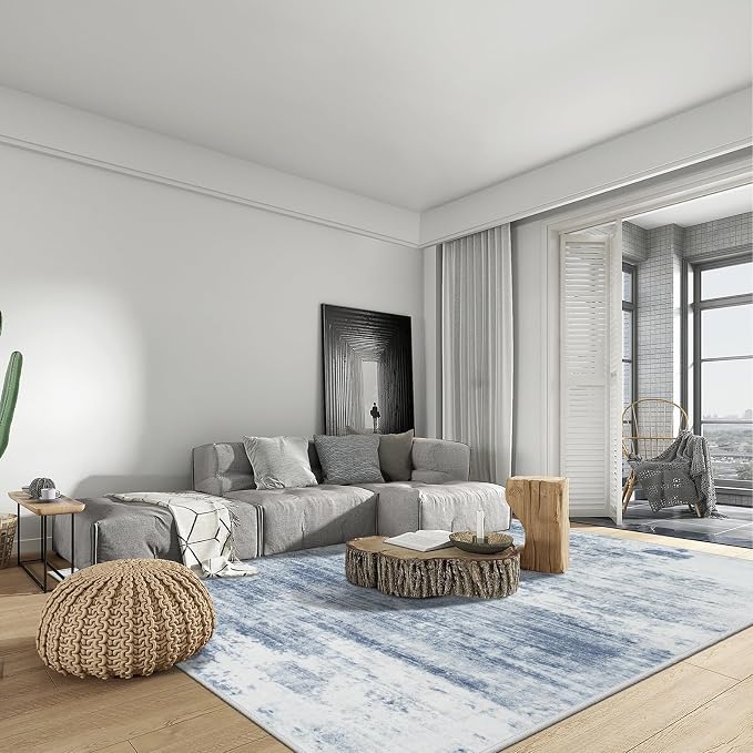 9x12 Area Rugs for Living Room: Washable Abstract Blue White Badroom Carpet | - Image 4