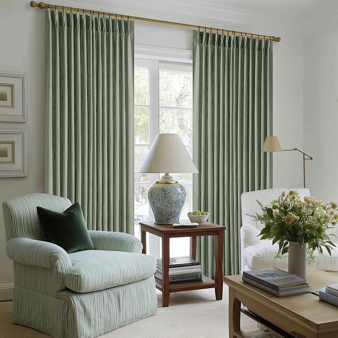 Pinch Pleated Sage Green Thick Linen Curtains 96 Inch Length 2 Panels Set | - Image 6