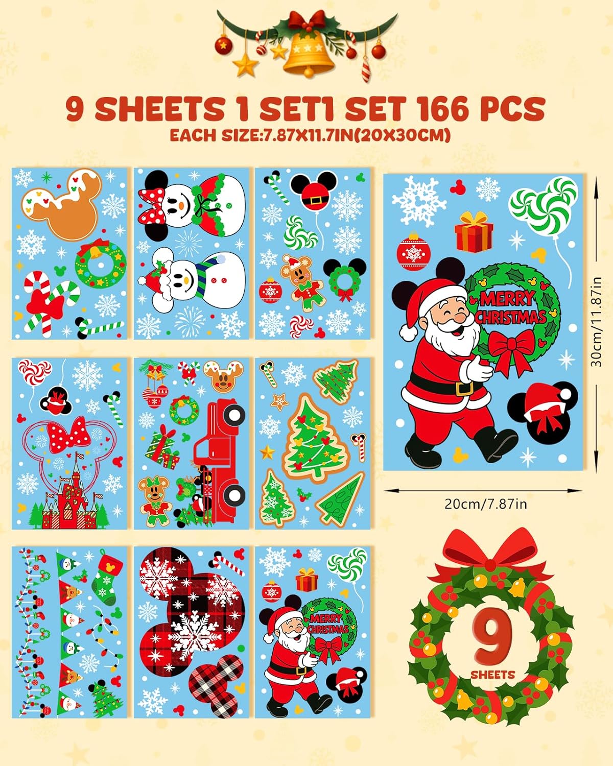 Christmas Window Clings - 9 Sheets 166 Pcs Cute Xmas Decorations for Winter Holiday Home Party, Santa Snowman Tree Snowflake Gingerbread Stickers for Glass, Double-Sided Static Window Decals