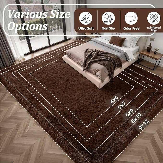 Area Rug Living Room Bedroom: 6x9 Fluffy Plush Shag Carpet Brown | - Image 9