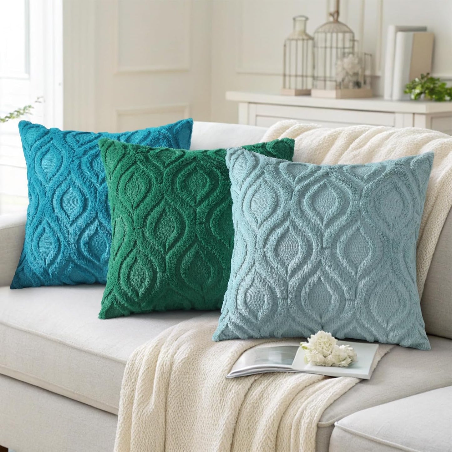 decorUhome Fall Throw Pillow Covers 16x16 Inch Set of 2, Soft Plush Decorative Faux Fur Turquoise Solid Couch Pillow Covers, Accent Farmhouse Neutral Square Euro Pillow Cases for Sofa Bed Living Room
