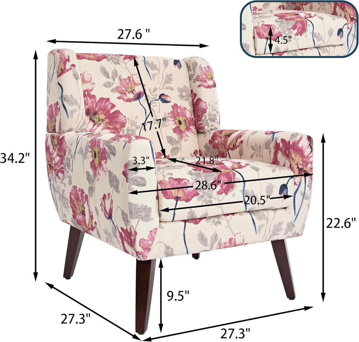UIXE Floral Accent Chair, Modern Upholstered Armchair in Fabric for Living Room, Comfy Club Arm Chairs Single Sofa Button Tufted Bedroom Reading Seat - Pattern White, Set of 2