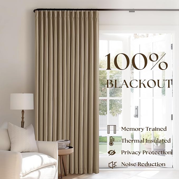 Light Brown Pinch Pleated Full Blackout Curtains Linen Blend 80 Inches Long | - Image 3