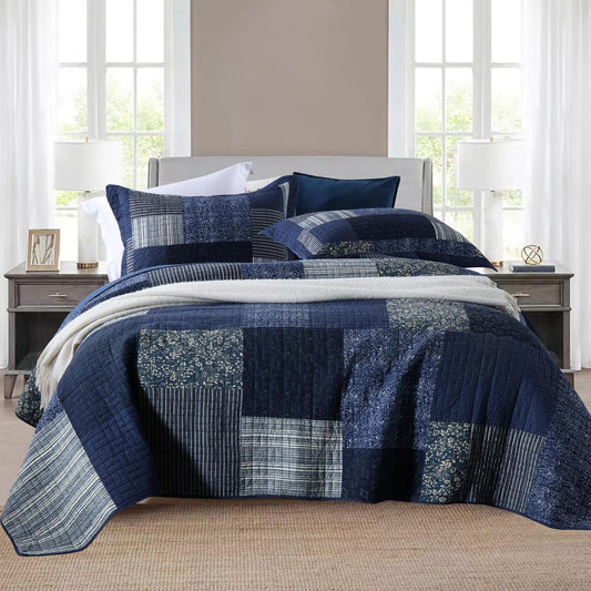 Yvooxny Quilts Queen Size Reversible Lightweight Bedspread 3-Piece Quilt Set Plaid Floral Patchwork 100% Cotton Queen Quilt Set Bedding Set with Pillow Shams for All Seasons, Azure Blue, 90x98''