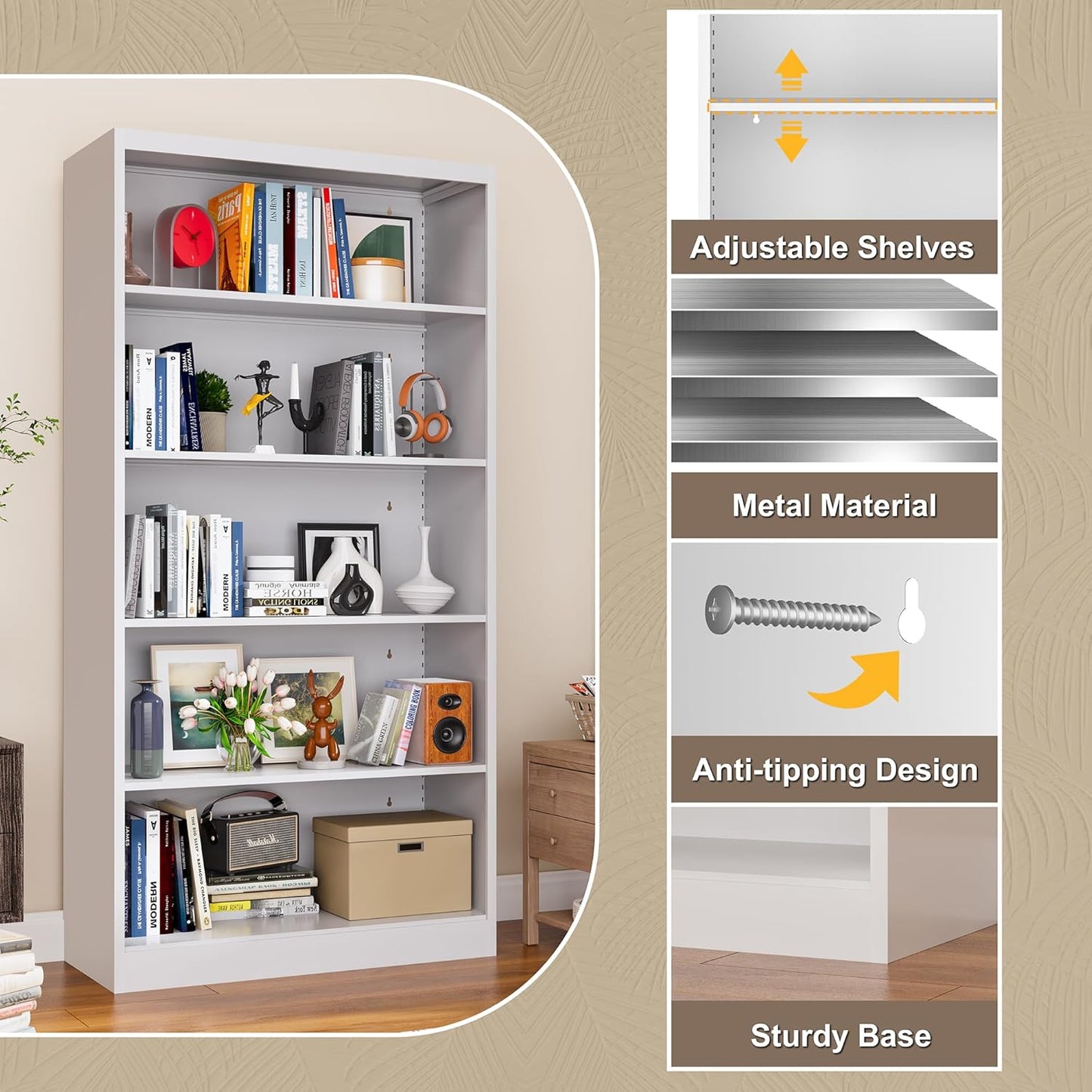 Metal Bookcase, 14" Deep Bookshelf, 66" Tall Bookcases with Adjustable Shelves, 5 Shelf Bookcase, Industrial Bookshelves and Bookcases for Living Room, Office, Library. White Book Shelf.