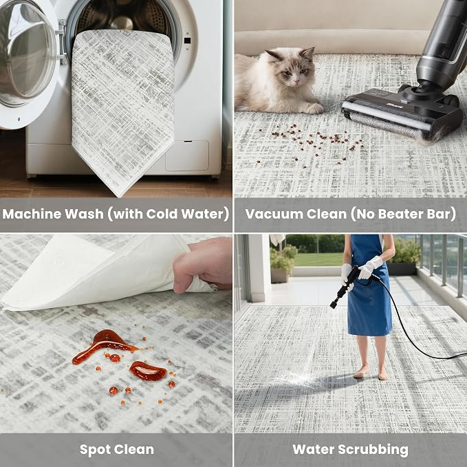 9x12 Washable Area Rug for Living Room Bedroom: Non-Slip Modern White Gray | - Image 6