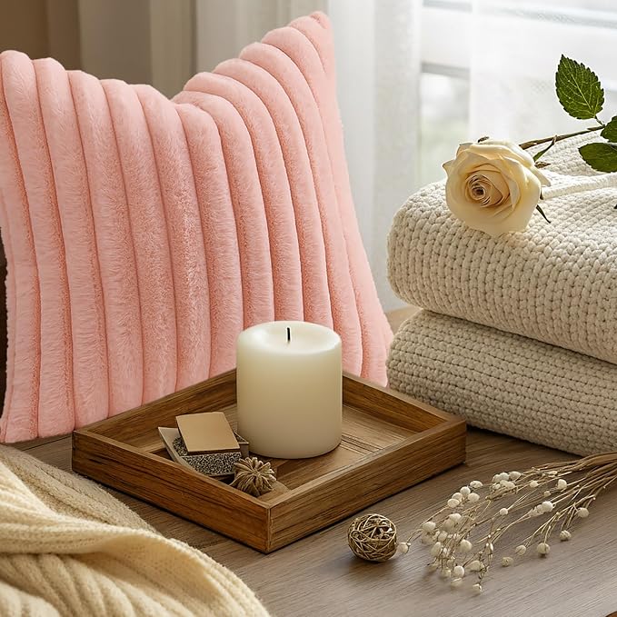 decorUhome Fall Faux Fur Throw Pillow Covers 22x22 Set of 2 Blush Pink | - Image 9