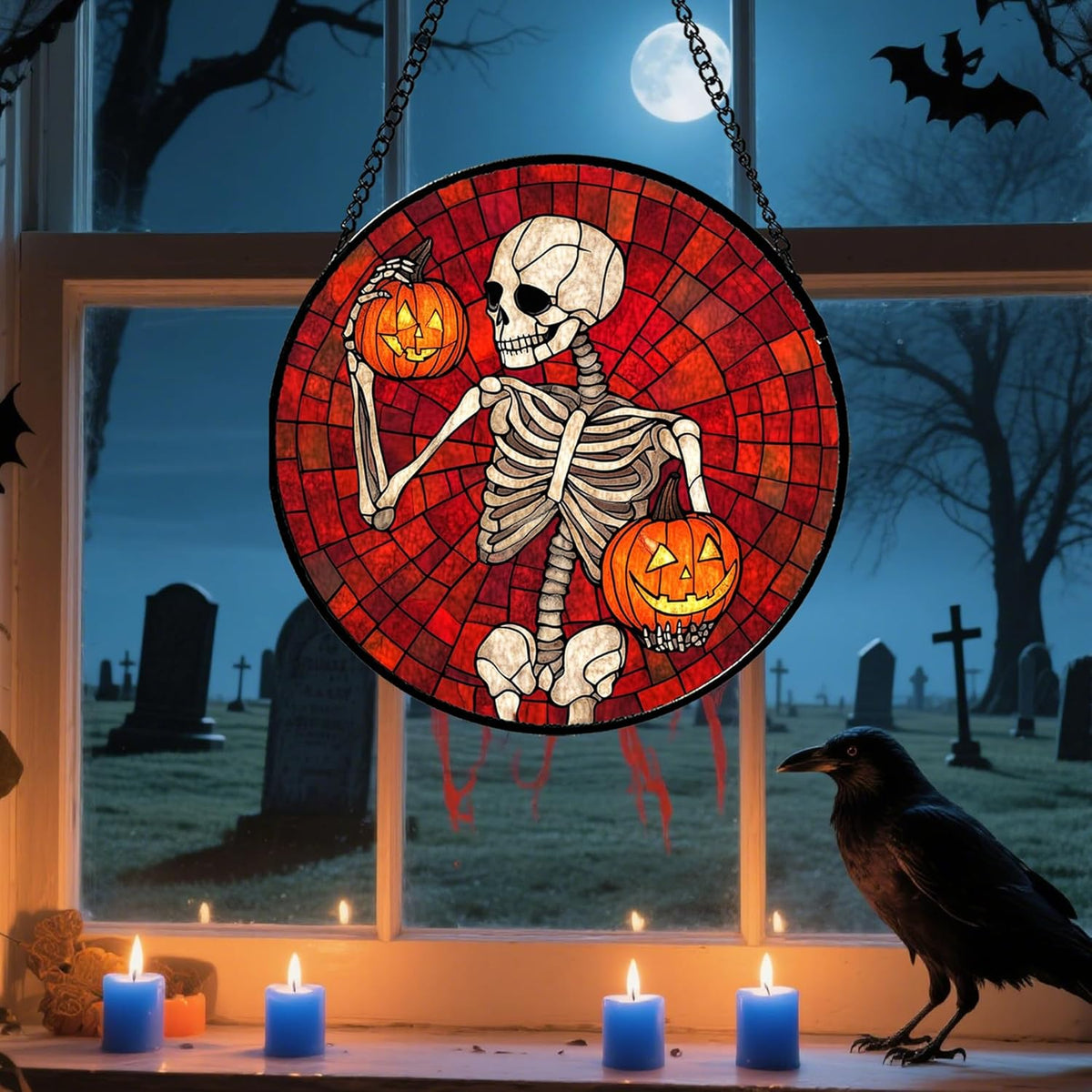 Stained Glass Window Hanging - Halloween Decorations Skeleton Pumpkin Suncatcher for Doors Garden Indoor Spooky Funny Sun Catchers Gothic Decor Horror Gifts for Women Men Friend 11.8 in