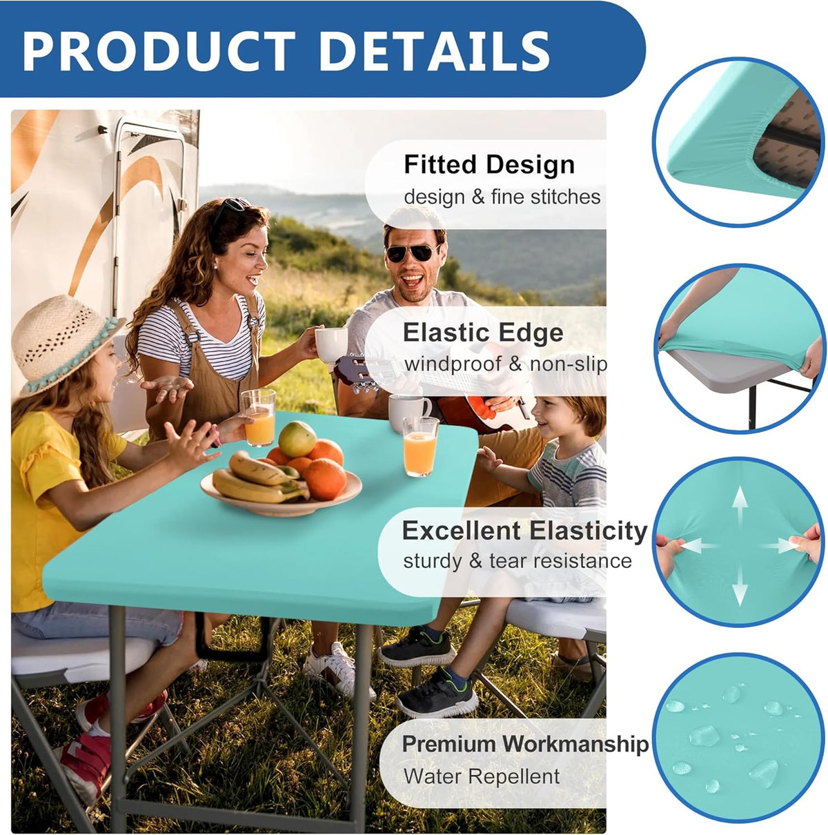 Spandex Table Cover for 6 Foot Rectangle Tables-4 Pack Aqua Blue Outdoor Picnic Elastic Table Cover-Spandex Stretch Folding Table Cloths for Camping Dining Room Patio Kitchen Banquet Party
