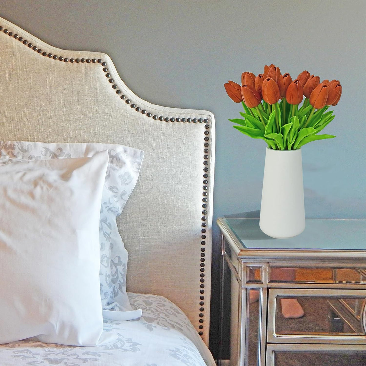 Mandy's Artificial Tulips 20 Stems Burnt Orange PU Faux Flowers for Wedding Home Decor 13.5 Inch