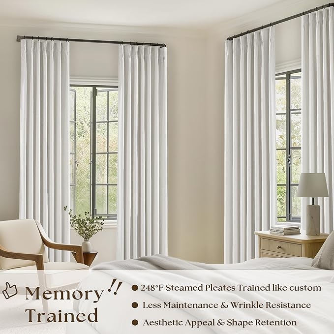 Linen Blackout Curtains 108 Inch Long 2 Panels Pinch Pleated Beige White | - Image 2