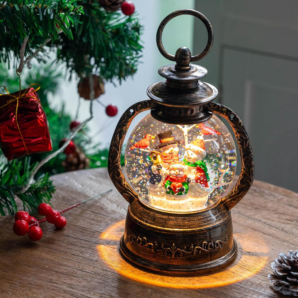 Christmas Snow Globe Lantern Water Glittering Snowman with Music, USB Lined/Battery Operated Lighted Lantern for Christmas Festival Decoration Gifts