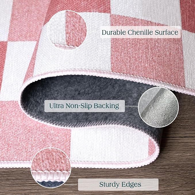 Front Door Mat Indoor Entrance, 2x4.3 Cute Pink White Checkered Rug | Non-Slip - Image 2