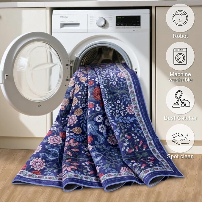 PLHXFR 6x9 Area Rug Living Room: Floral Washable Boho Soft Carpet Blue | - Image 6