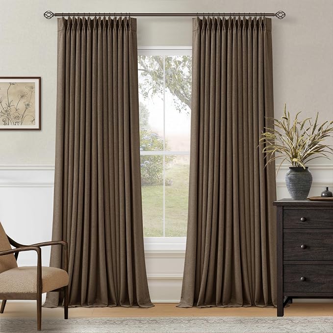Pleated Blackout Brown Linen Blend Window Curtains 96 Inches Long 2 Panels | by Twodrapes