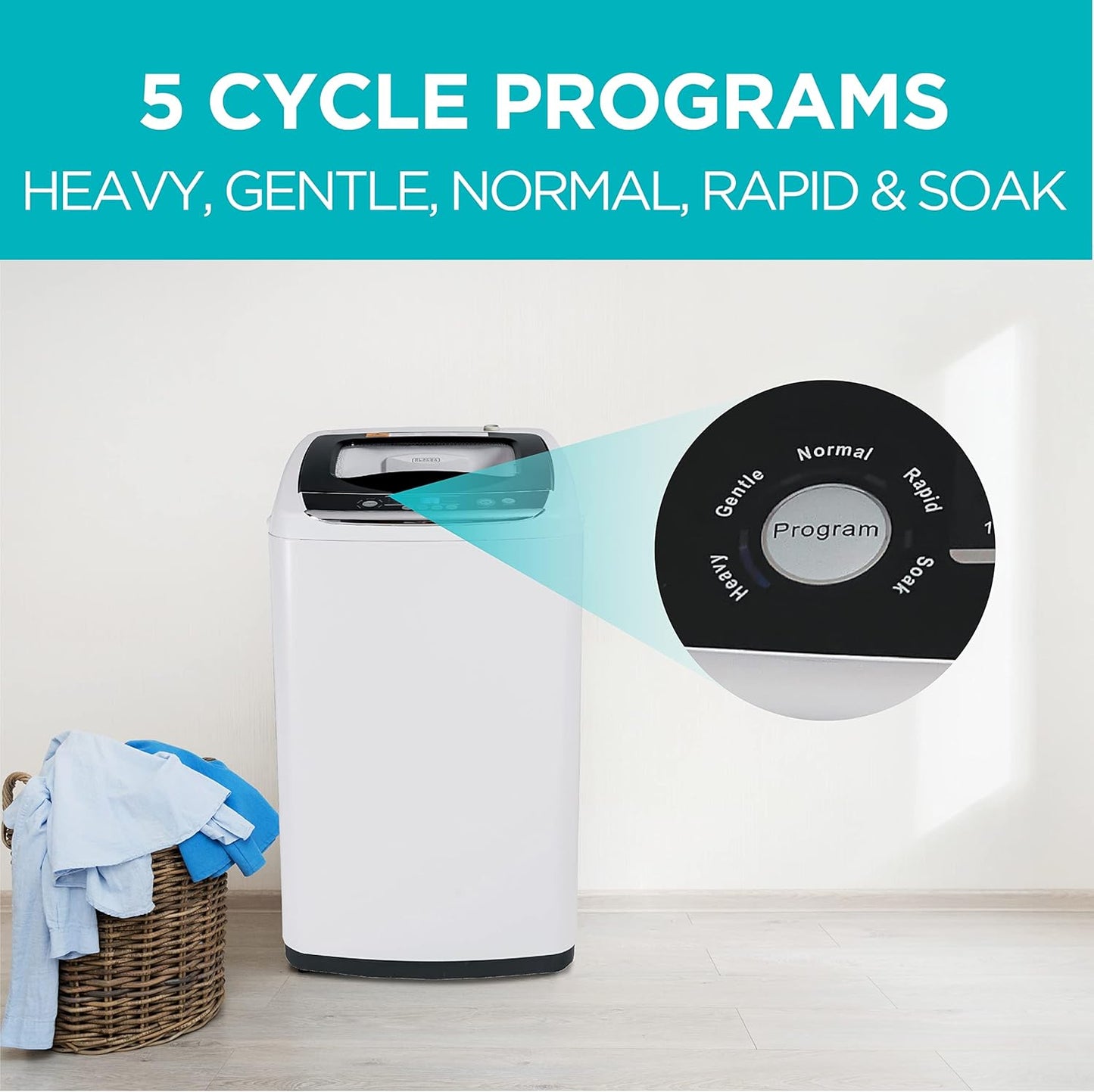 BLACK+DECKER 0.9 Cu. Ft. Portable Washer, 6.6 lb. Capacity Washing Machine for Homes & Apartments, 5 Wash Cycles, Quick Connect Sink Adapter and Drain Hose Included, Transparent Lid, BPWM09W, White