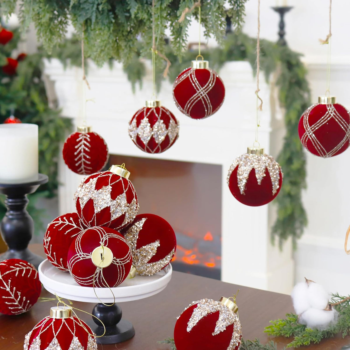 3.15INCH Burgundy Velvet Ornaments for Christmas Tree, 12PCS Glitter Flocked Christmas Ornaments Decorations Balls Set Decor
