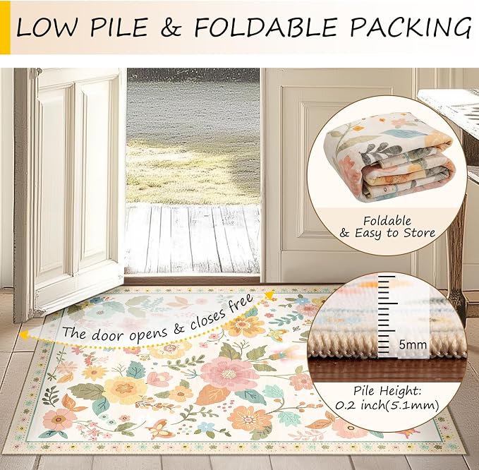 RELEANY Floral Washable Round 4ft Area Rug Beige/White/Orange | Flower Carpet - Image 5