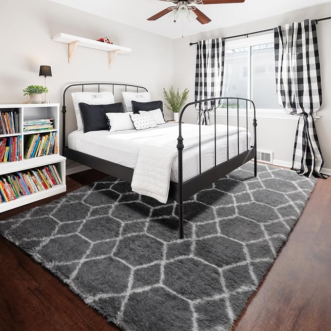 5x7 Area Rugs for Living Room Bedroom, Fluffy Grey and White Geometric Rug | - Image 7