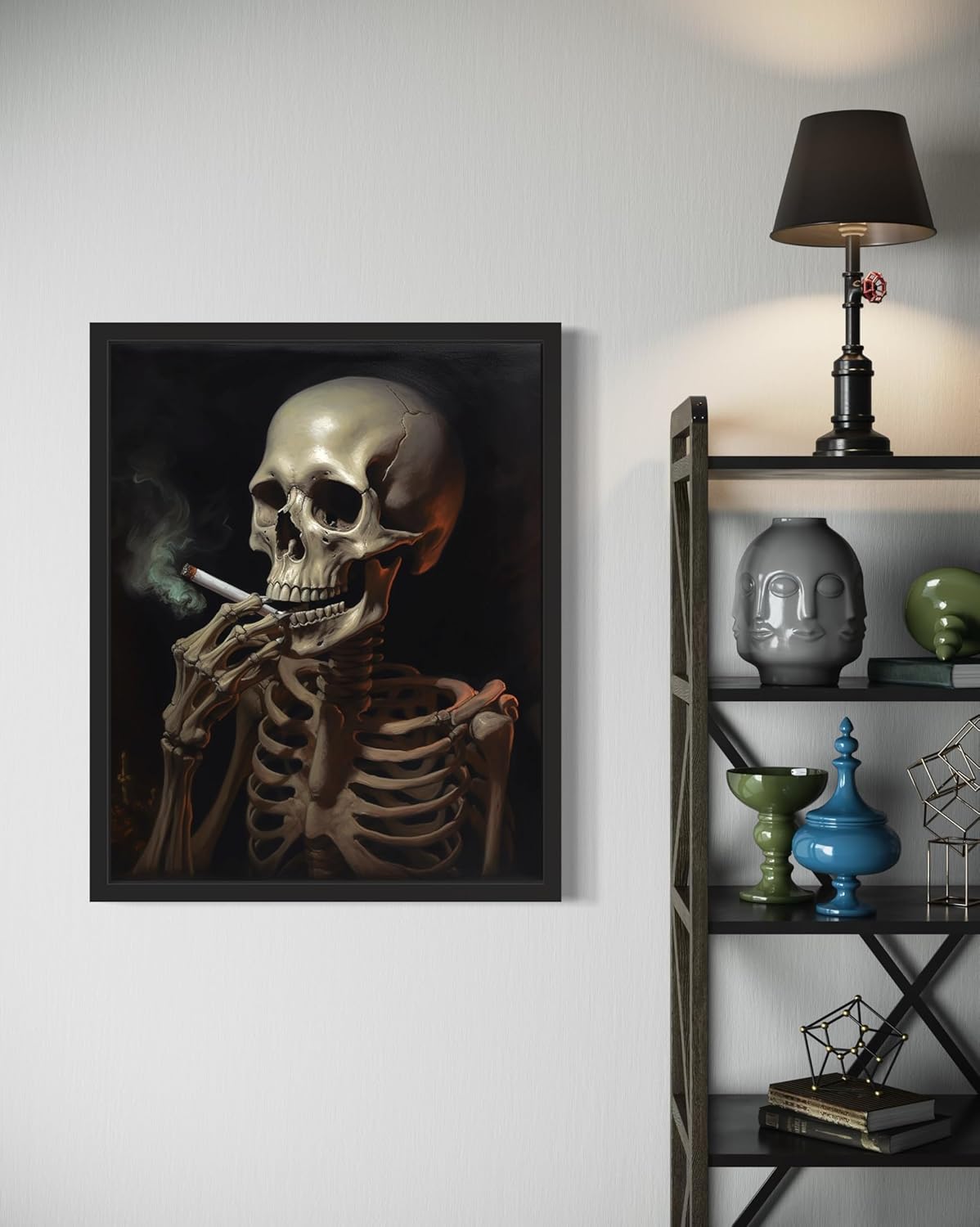 Skull Smoking Ciggarettes Poster Art Print, Halloween Scary Vintage Wall Art Academia Spooky Painting Decoration for Horror Prints, Gothic Posters Bedroom Decor 89 (Skull Smoking Ciggarettes, 16 x 20 inches, Black Frame)
