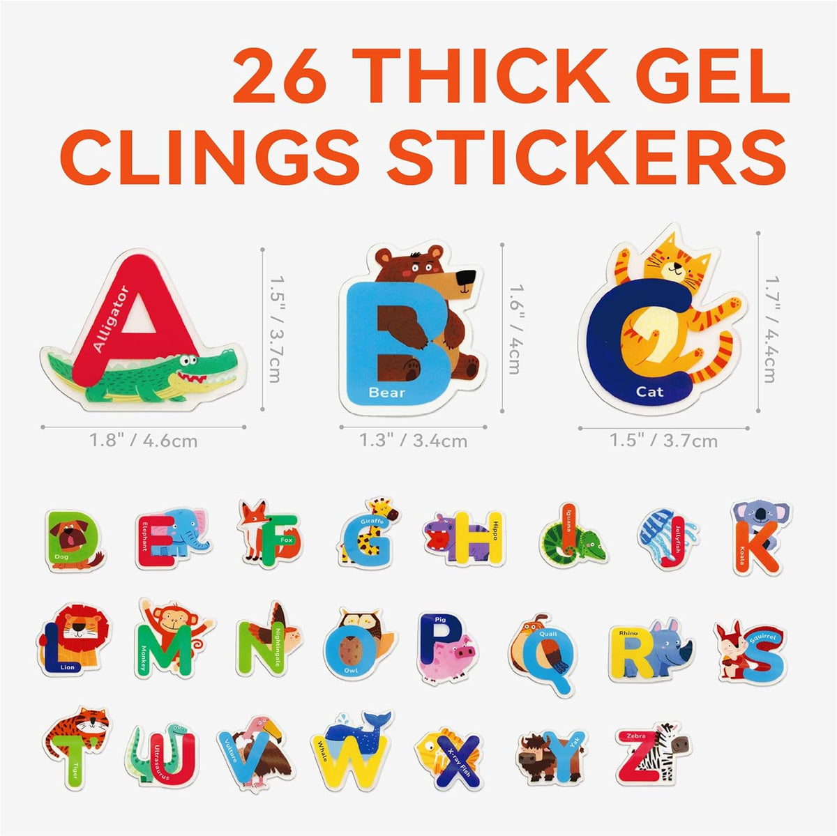 26 PCS Alphabet Animal Gel Stickers Colorful Uppercase Animal Stickers and ABC Window Decals Ideal for Toddlers Spelling Learning for Home Classroom and Nursery Thick Removable & Reusable
