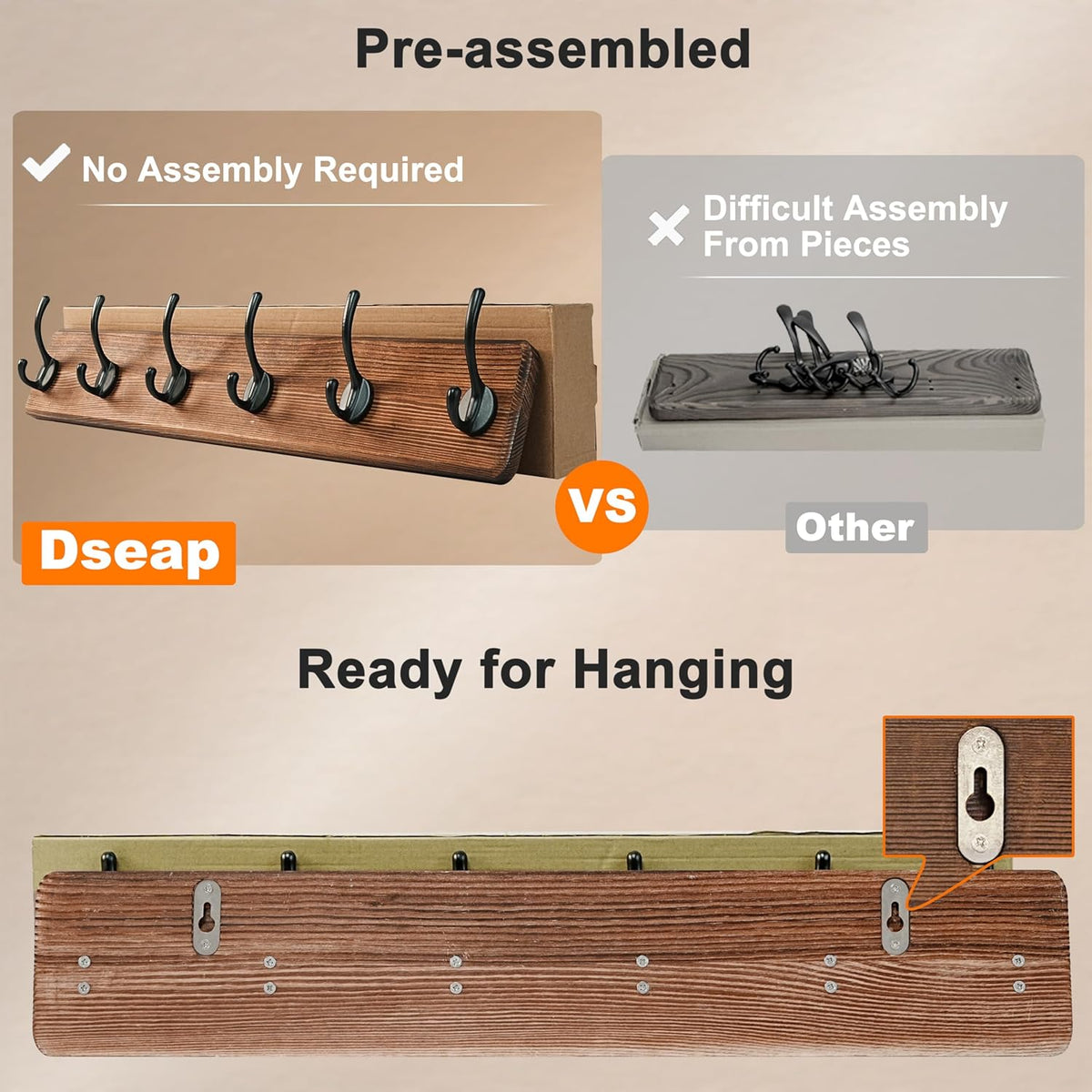 Dseap Wall Mounted Coat Rack: 38-1/4" Long, Patented, Heavy-Duty, 10-Double-Hooks Wooden Hanger Rail for Winter Coats, Hat, Jacket, Clothing - White & Black, Pack of 2