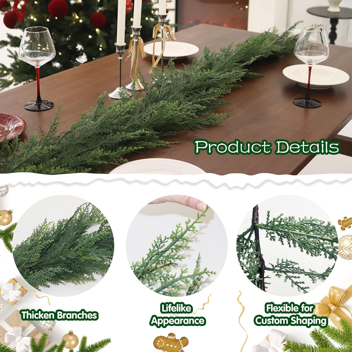 Christmas Cedar Garland Full Real Touch Artificial Green Faux Cypress Realistic Pine Garland for Mantle Fireplace Table Home Decoraiton 6FT