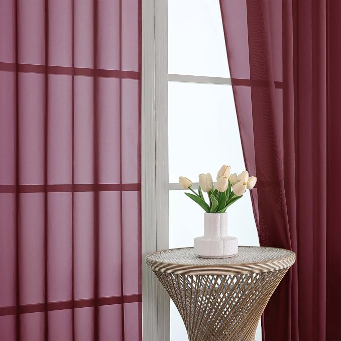 Burgundy Sheer Curtains 63 Inches Long 2 Panels Set, Light Filtering Sheer - Image 2