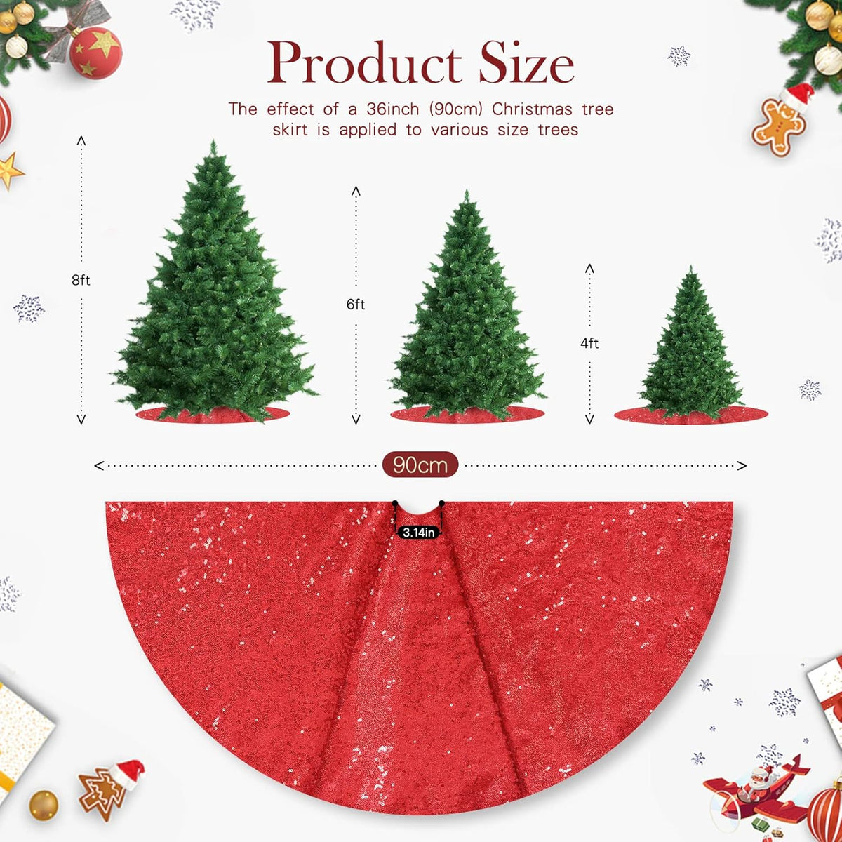 Red Christmas Tree Skirt 36 Inch Sequin Tree Skirt Sparkle Xmas Ornaments New Years Party Decorations
