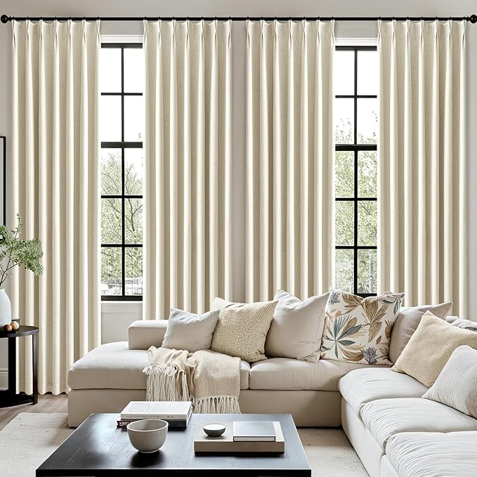 MIULEE Cream Pinch Pleated 100% Blackout Linen Curtains 40x90 Inches | Room - Image 7