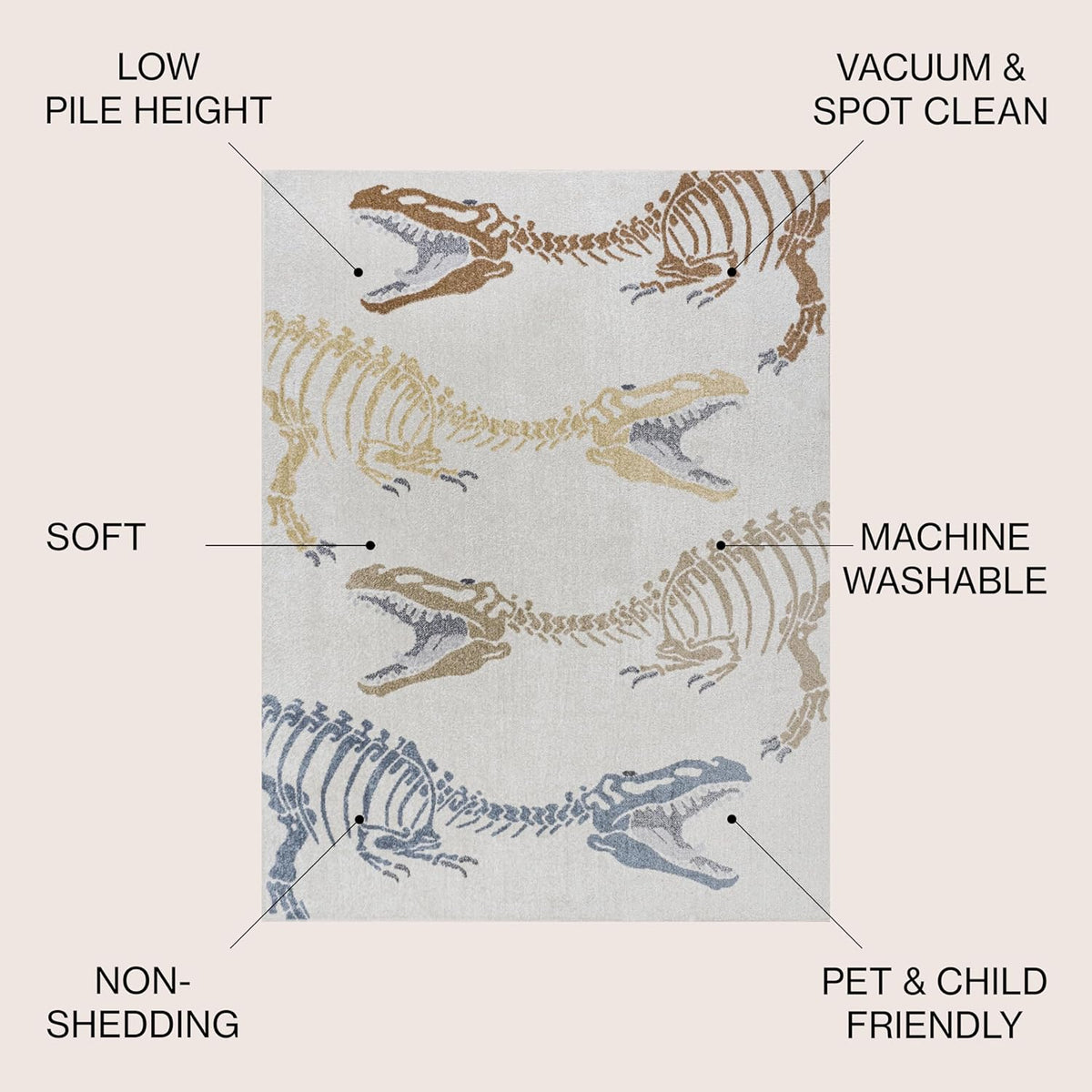 JONATHAN Y Machine-Washable Cream/Multi Indoor Area Rug, 4x6, Kingdarr T-Rex Modern, Casual, Kids & Novelty for Living Room, Dining Room, Bedroom, Kitchen Easy-Cleaning, Non-Shedding (KDW103A-4)