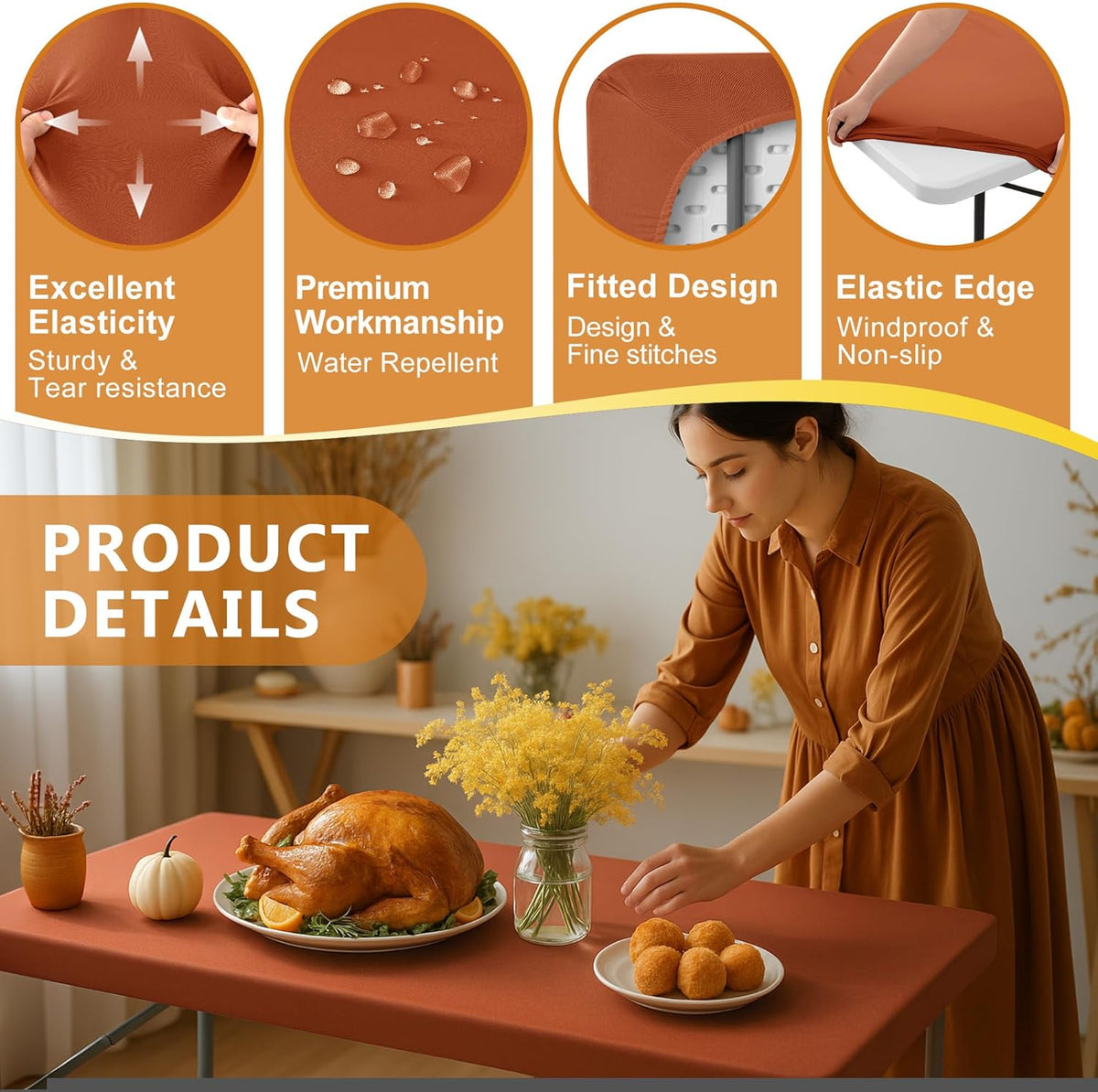 Fitted Tablecloth for 6 Foot Rectangle Tables-6 Pack Rust Elastic Outdoor Picnic Table Cover-Spandex Stretch Folding Table Cloths 6 ft for Camping Dining Room Patio Kitchen Banquet Party