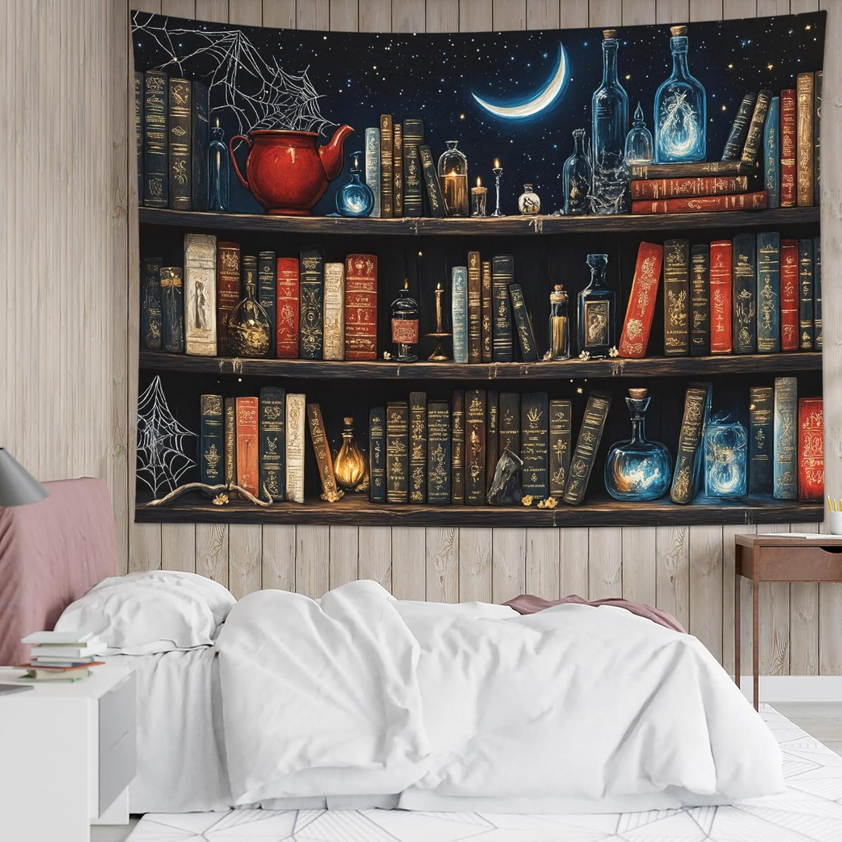 LB Gothic Bookshelf Tapestry, Horror Spider and Vintage Book Halloween Wall Tapestry for Bedroom Aesthetic, Galaxy Moon Wall Art for Living Room Dorm Home Decor Ready to Hanging, 60 x 40 Inches