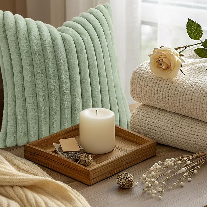 decorUhome Fall Faux Fur Throw Pillow Covers 16x16 Set of 2 Sage Green | - Image 8