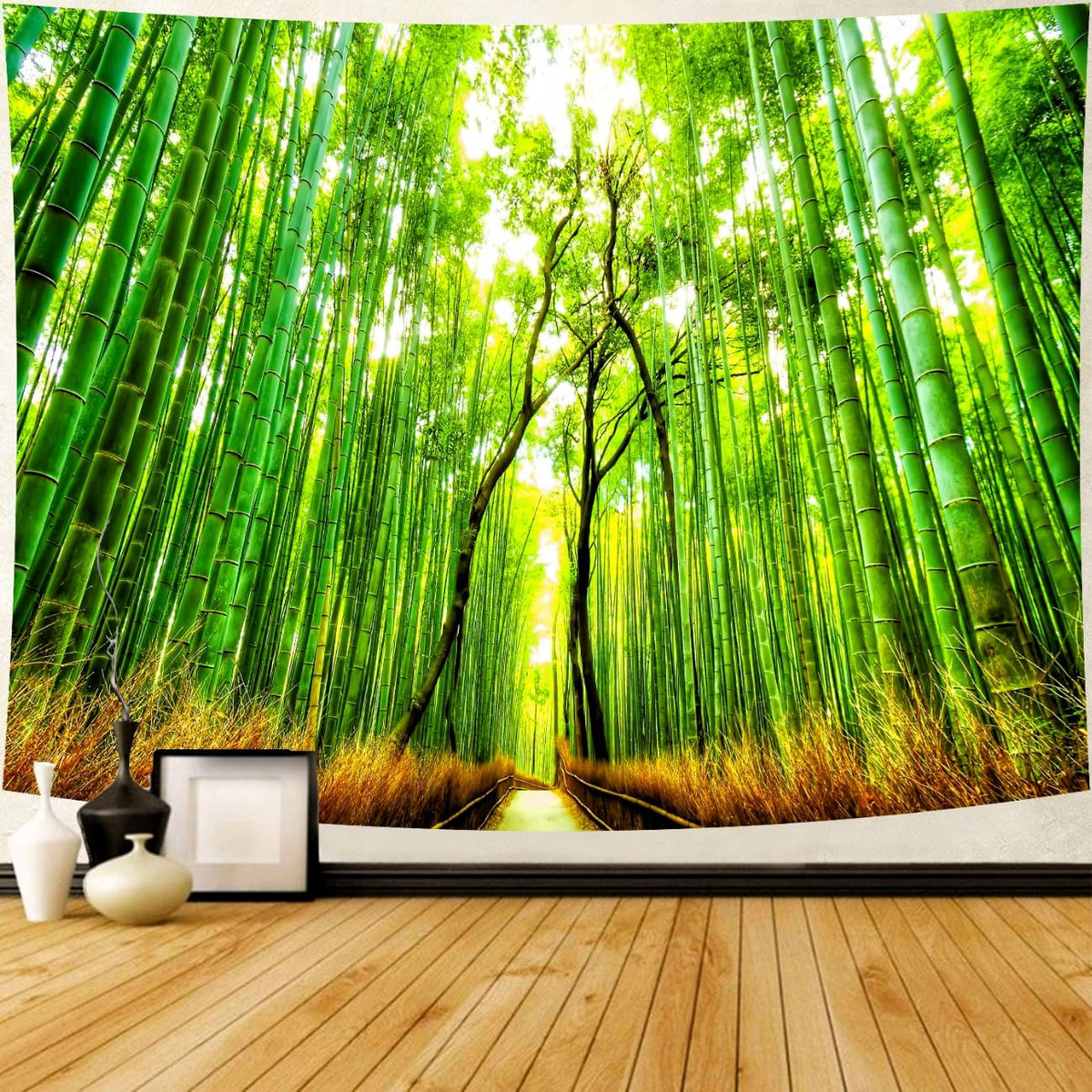 Delur Forest Pathway Tapestry Sunset Tropical Rainforest Nature Tree Tapestry Wall Hanging Sunrise Scenic Natural Green Landscape Headboard for Bedroom Living Room Home Decor (70.8" x 92.5")